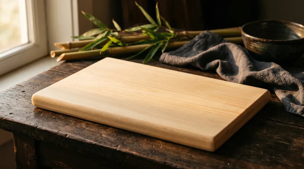 Tabla de hinoki de ciprés japonés sobre superficie oscura con elementos tradicionales japoneses en el fondo