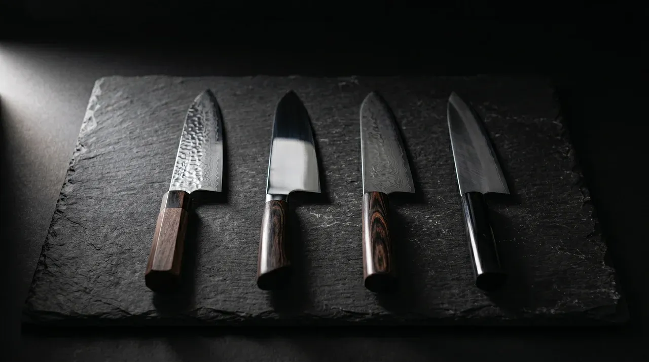 Cuatro cuchillos gyuto japoneses sobre pizarra oscura, cada uno con acabado y mango distinto