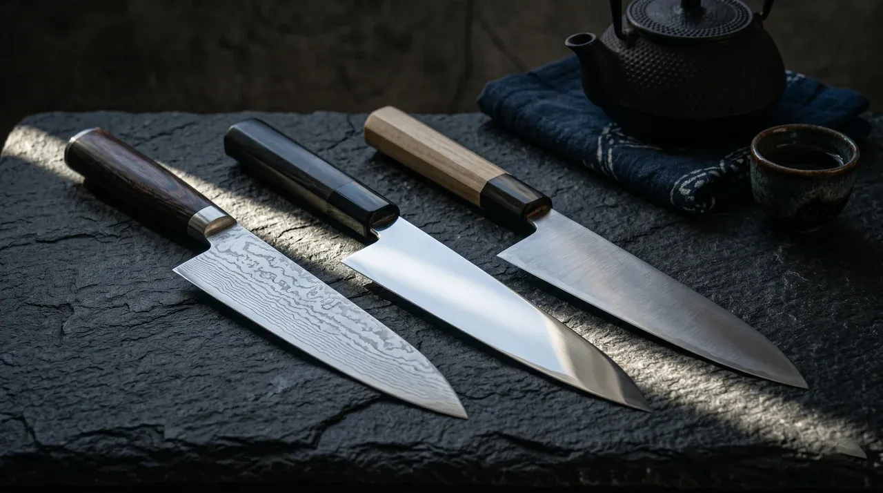 Tres cuchillos Gyuto japoneses, damasco, espejo y tsuchime, sobre granito oscuro con rollo de washi y cuenco de sésamo