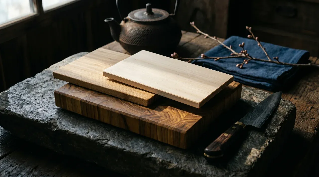 Tres tablas de corte de madera (teca end grain, bambú y hinoki) sobre piedra oscura con cuchillo japonés al lado