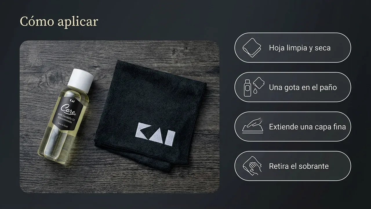 Cómo aplicar el aceite de camelia KAI: sobre la hoja limpia y seca, una gota en el paño, extender una capa fina y retirar el sobrante