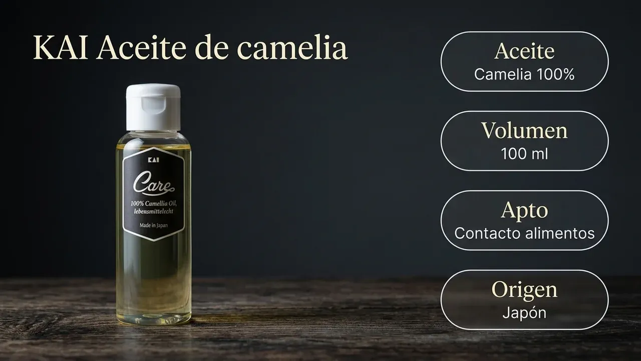 Ficha del aceite de camelia KAI Care: camelia 100% pura, 100 ml, certificado apto para contacto con alimentos y fabricado en Japón