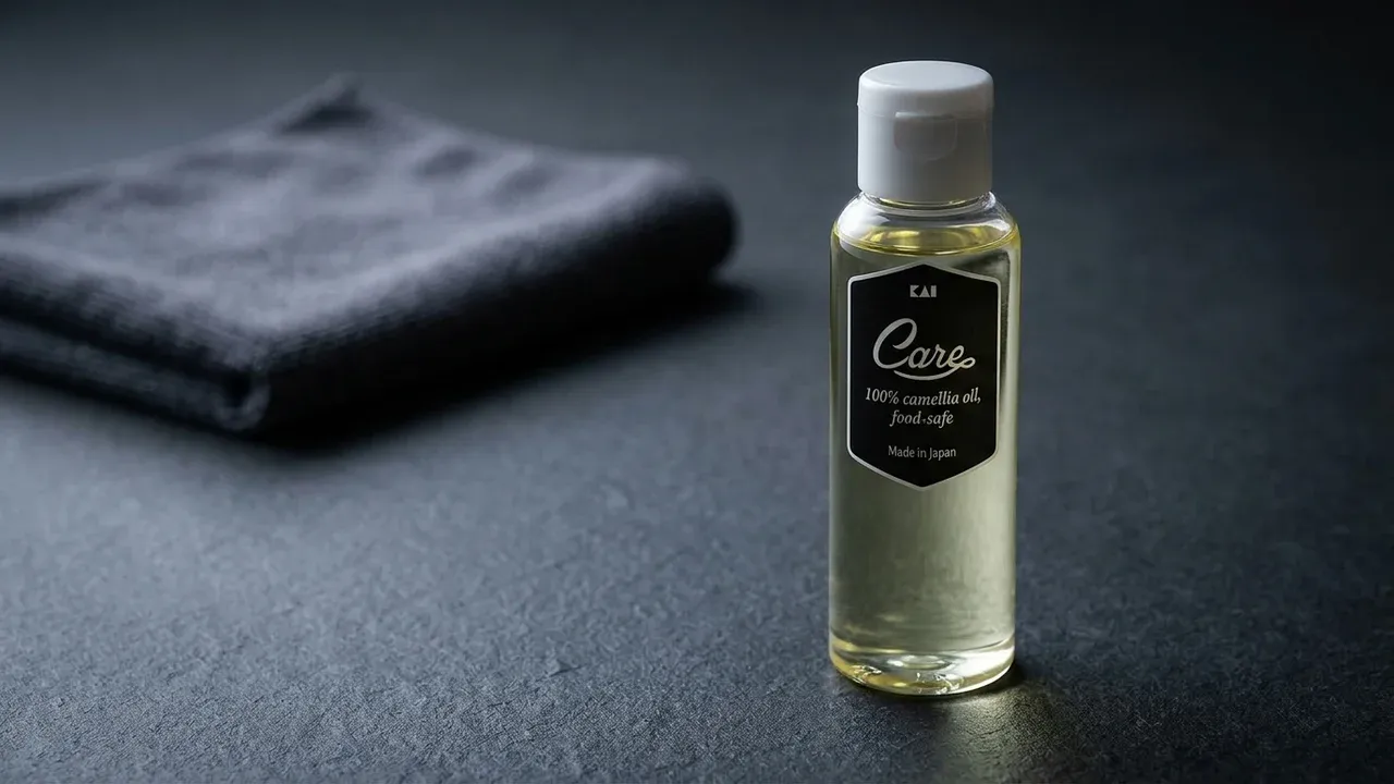 Frasco de aceite de camelia KAI Care en detalle, etiqueta 100% apto para alimentos y fabricado en Japón, sobre fondo oscuro editorial
