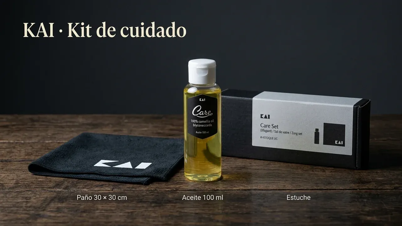 Kit de cuidado KAI: paño de microfibra de 30 × 30 cm con logo KAI, frasco de aceite de camelia Care de 100 ml y su estuche sobre madera oscura
