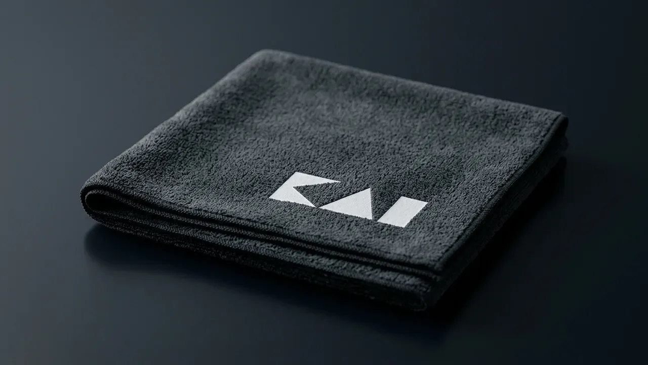 Paño de microfibra KAI doblado con el logo de la marca, para aplicar el aceite de camelia de forma uniforme sobre la hoja