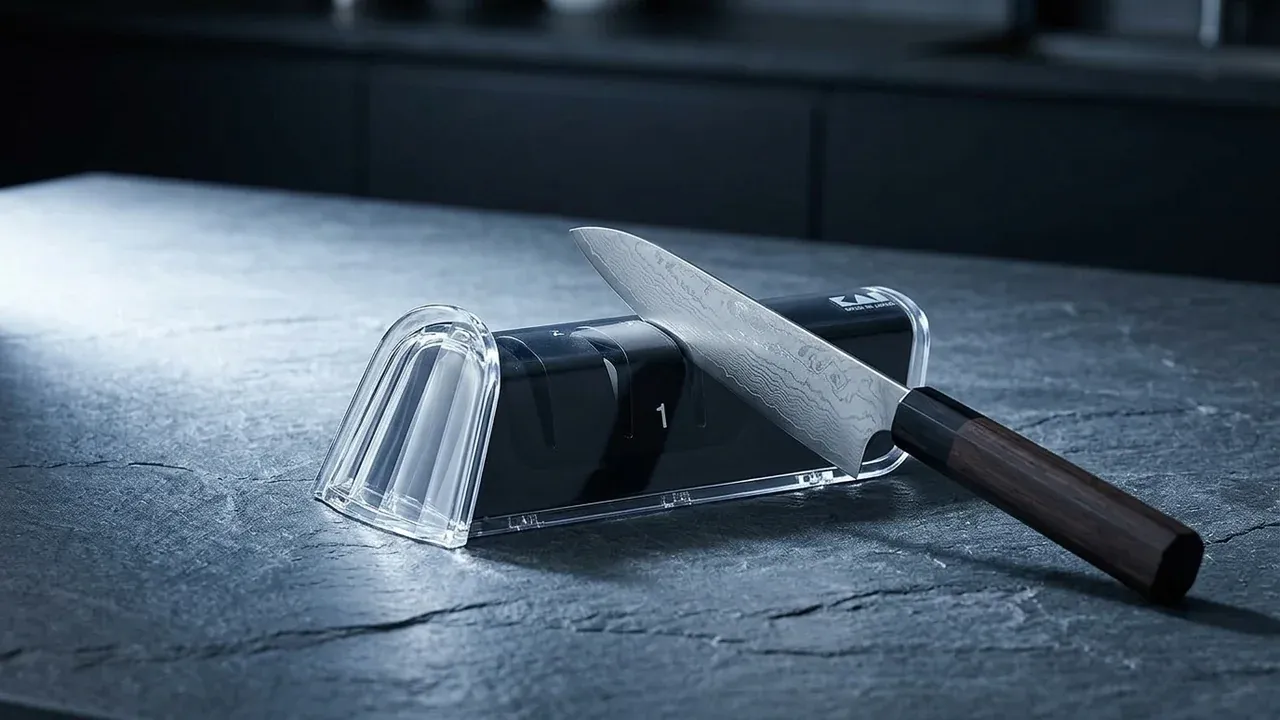 Afilador de sobremesa KAI de diamante y cerámica sobre una encimera oscura, con un cuchillo pasando por su ranura