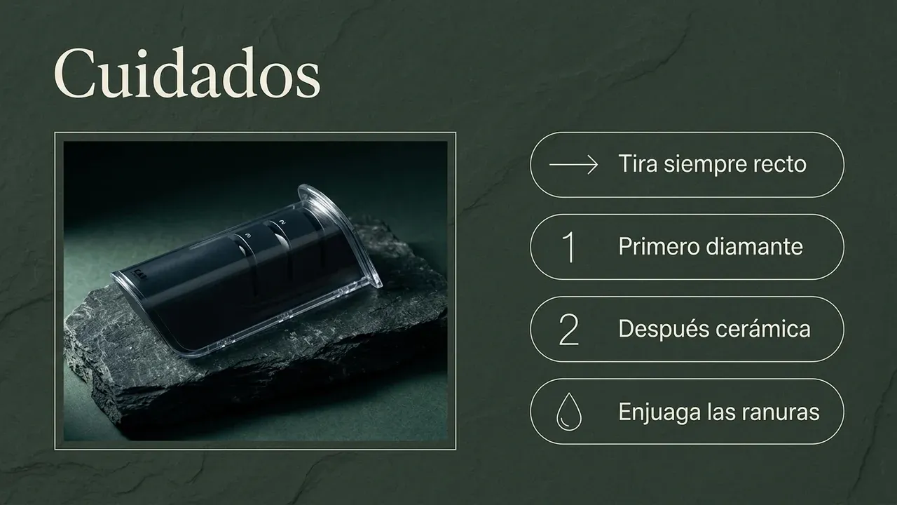 Cuidados del afilador KAI: tirar siempre recto, primero diamante, después cerámica y enjuagar las ranuras