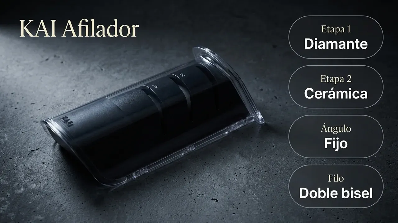 Ficha técnica del afilador KAI: etapa de diamante, etapa de cerámica, ángulo fijo y uso en filos de doble bisel