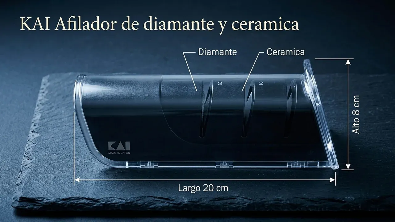 Medidas del afilador KAI: 20 cm de largo, 8 cm de alto, con su ranura de diamante y la de cerámica