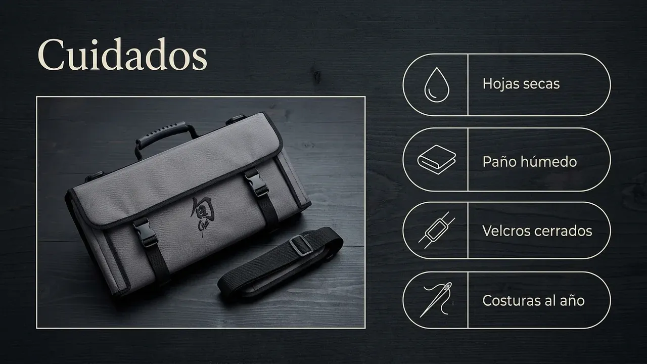 Cuidados de la bolsa KAI DM-0780: guardar las hojas secas, limpiarla con un paño húmedo, dejar los velcros cerrados y revisar las costuras al año