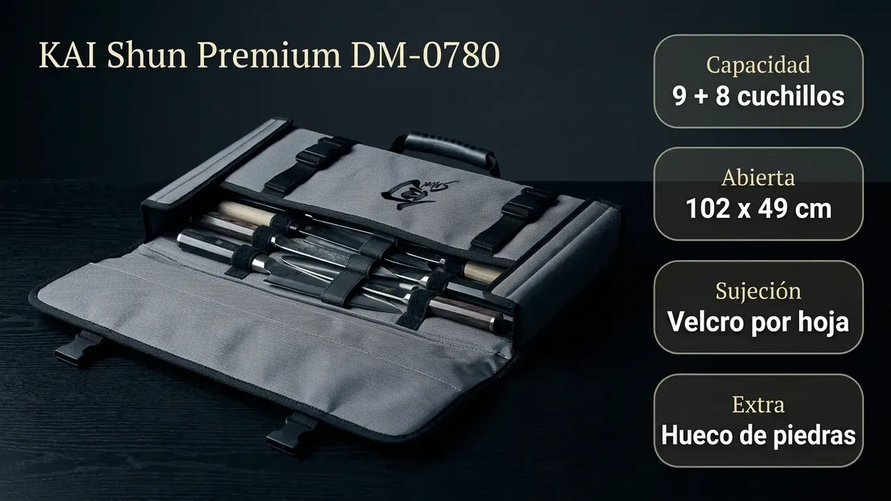 Ficha técnica de la bolsa KAI DM-0780: 9 cuchillos grandes y 8 pequeños, 102 x 49 cm abierta, velcro por hoja y hueco para piedras de afilar