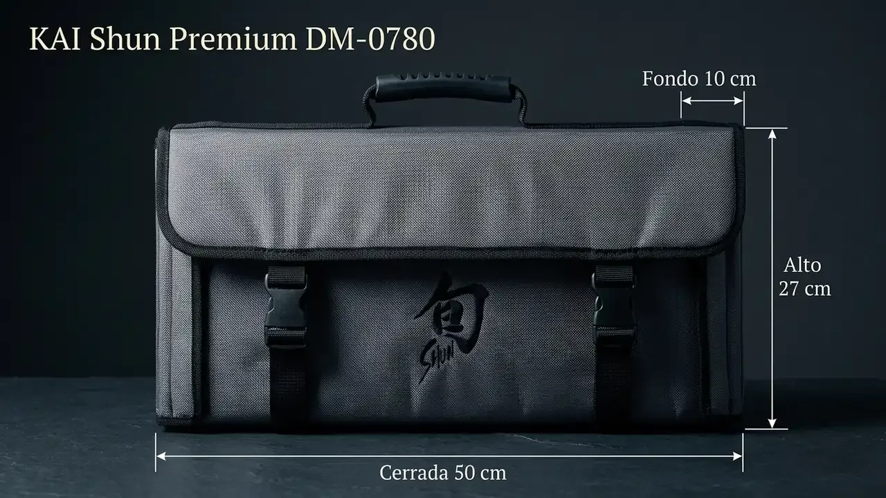 Medidas de la bolsa KAI Shun Premium DM-0780 cerrada: 50 cm de ancho, 27 de alto y 10 de fondo, acotadas sobre pizarra oscura