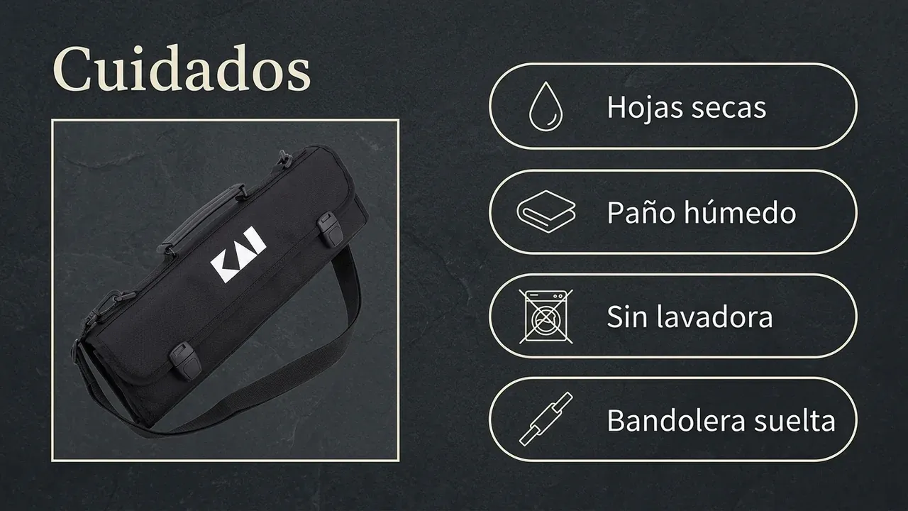 Cuidados de la bolsa KAI DM-0781: guardar las hojas secas, limpiarla con un paño húmedo, no meterla en la lavadora y soltar la bandolera al guardarla