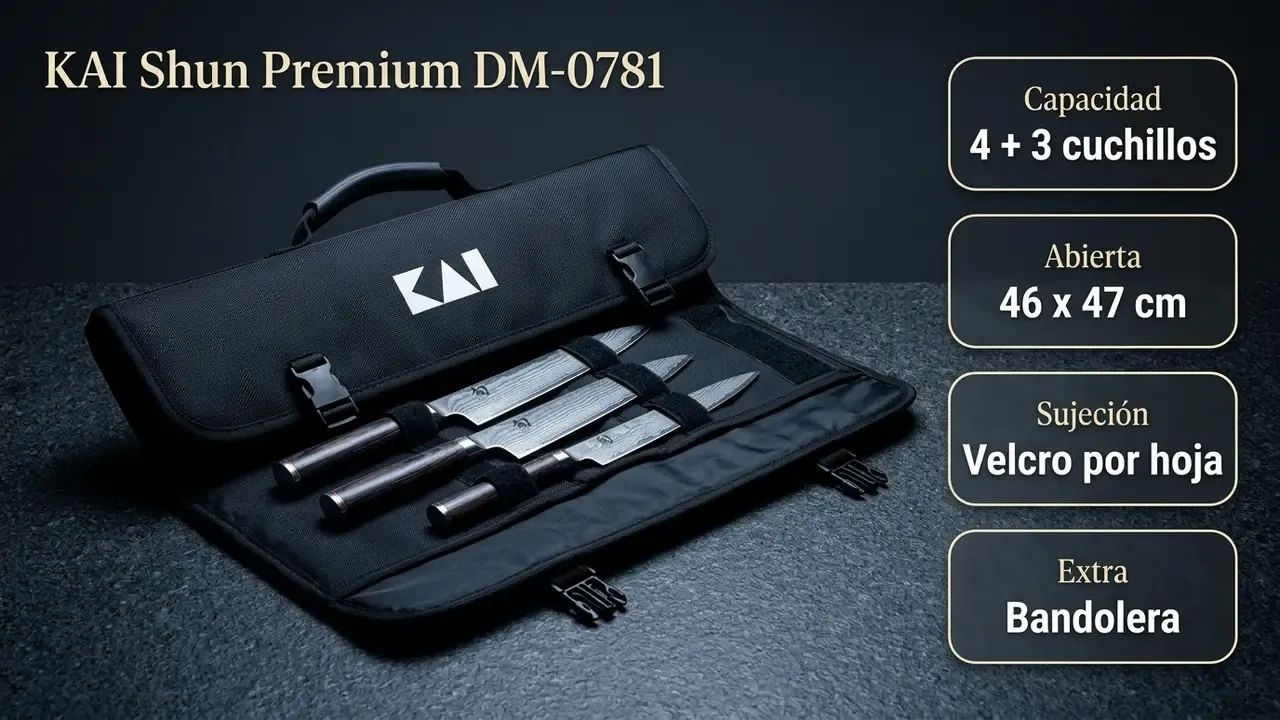 Ficha técnica de la bolsa pequeña KAI DM-0781: 4 cuchillos grandes y 3 pequeños, 46 x 47 cm abierta, velcro por hoja y bandolera desmontable