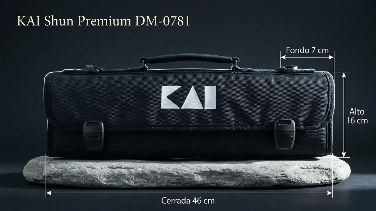 Medidas de la bolsa KAI DM-0781 cerrada: 46 cm de ancho, 16 de alto y 7 de fondo, acotadas sobre una losa de piedra de río