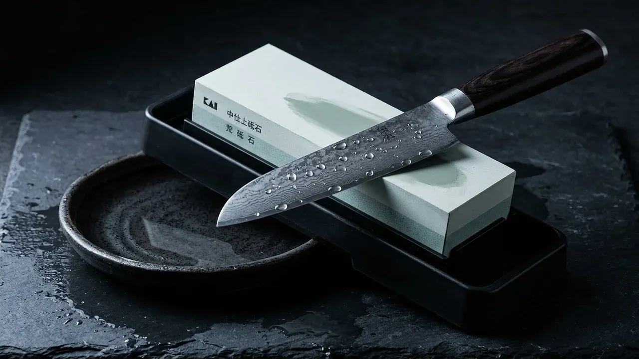 Piedra de afilar combinada KAI de grano 400 y 1000 humedecida sobre una encimera oscura junto a un cuchillo japonés