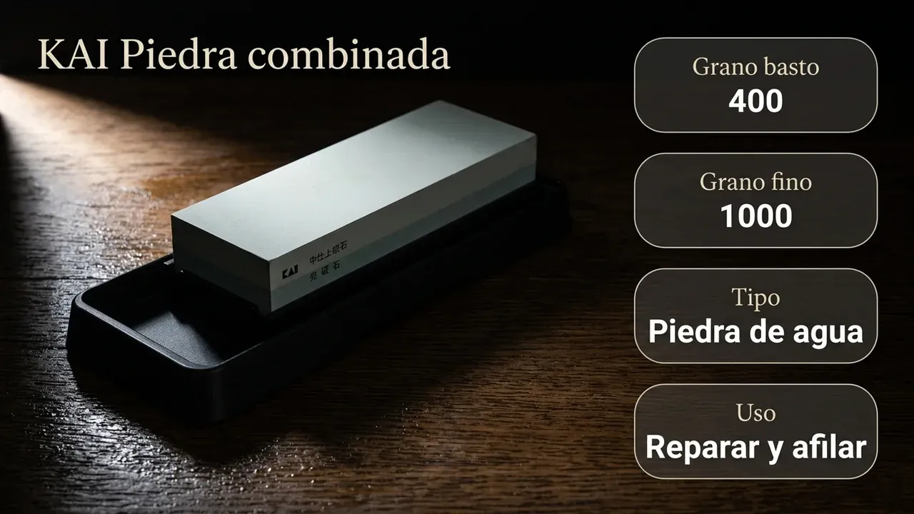 Ficha técnica de la piedra combinada KAI: grano basto 400, grano fino 1000, piedra de agua para reparar y afilar