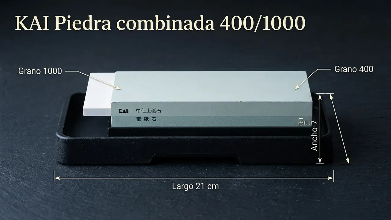 Medidas de la piedra combinada KAI: 21 cm de largo, 7 cm de ancho, con sus caras de grano 400 y 1000