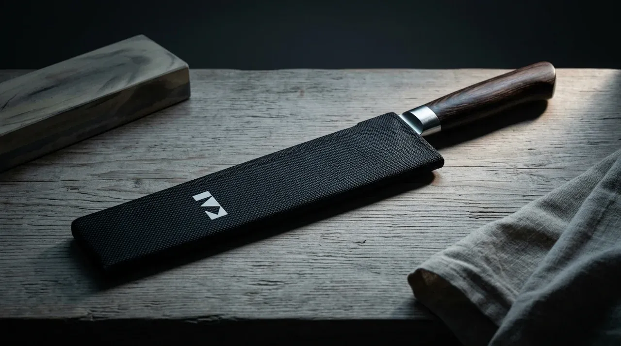 Protector de hoja KAI CK-M negro con un gyuto de damasco entrando en la funda sobre madera lacada