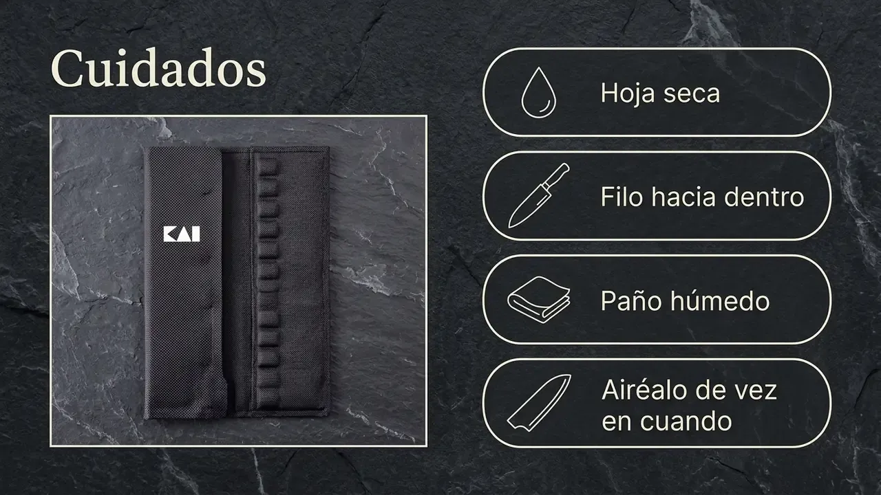 Cuidados del protector de hoja KAI CK-M: enfundar la hoja seca, meterla con el filo hacia dentro, limpiar con un paño húmedo y airear la funda de vez en cuando