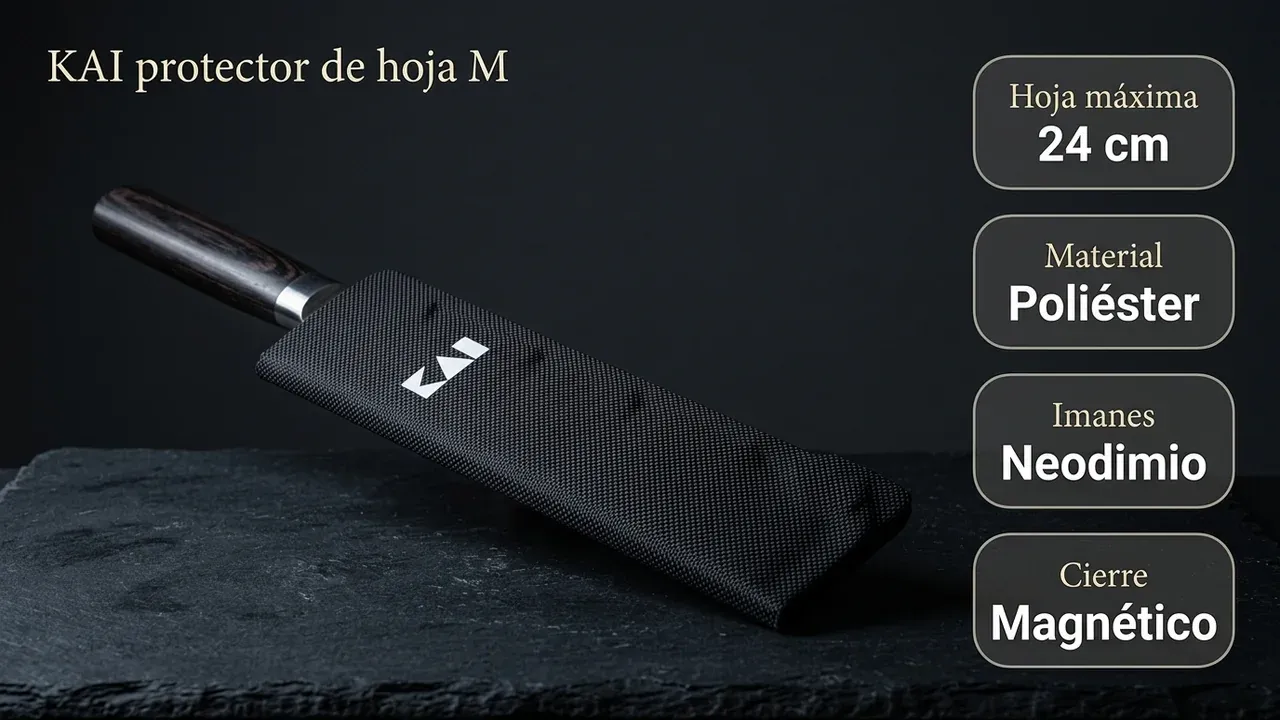 Ficha técnica del protector KAI CK-M: hoja máxima de 24 cm, poliéster, imanes de neodimio y cierre magnético, con un gyuto ya enfundado sobre pizarra