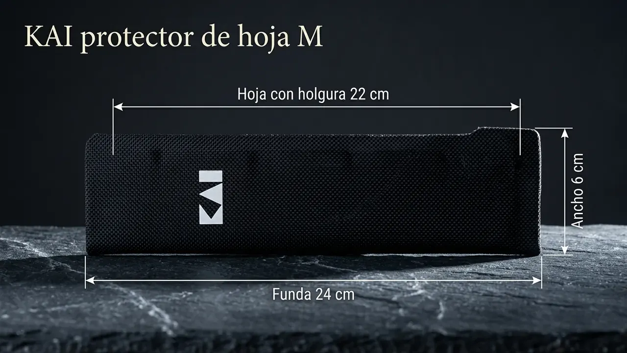 Medidas del protector de hoja KAI CK-M: funda de 24 cm por 6 de ancho, con la cota que muestra la hoja alojada en su interior, sobre pizarra rugosa