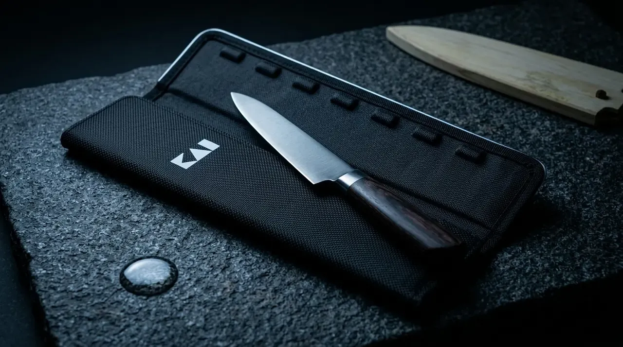 Protector de hoja KAI CK-S negro abierto junto a un petty japonés sobre piedra oscura