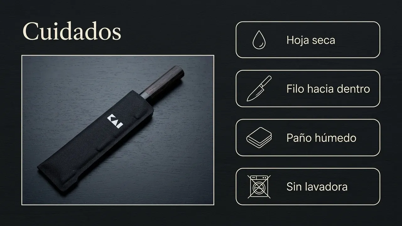 Cuidados del protector de hoja KAI CK-S: enfundar la hoja seca, meterla con el filo hacia dentro, limpiar con un paño húmedo y no usar lavadora