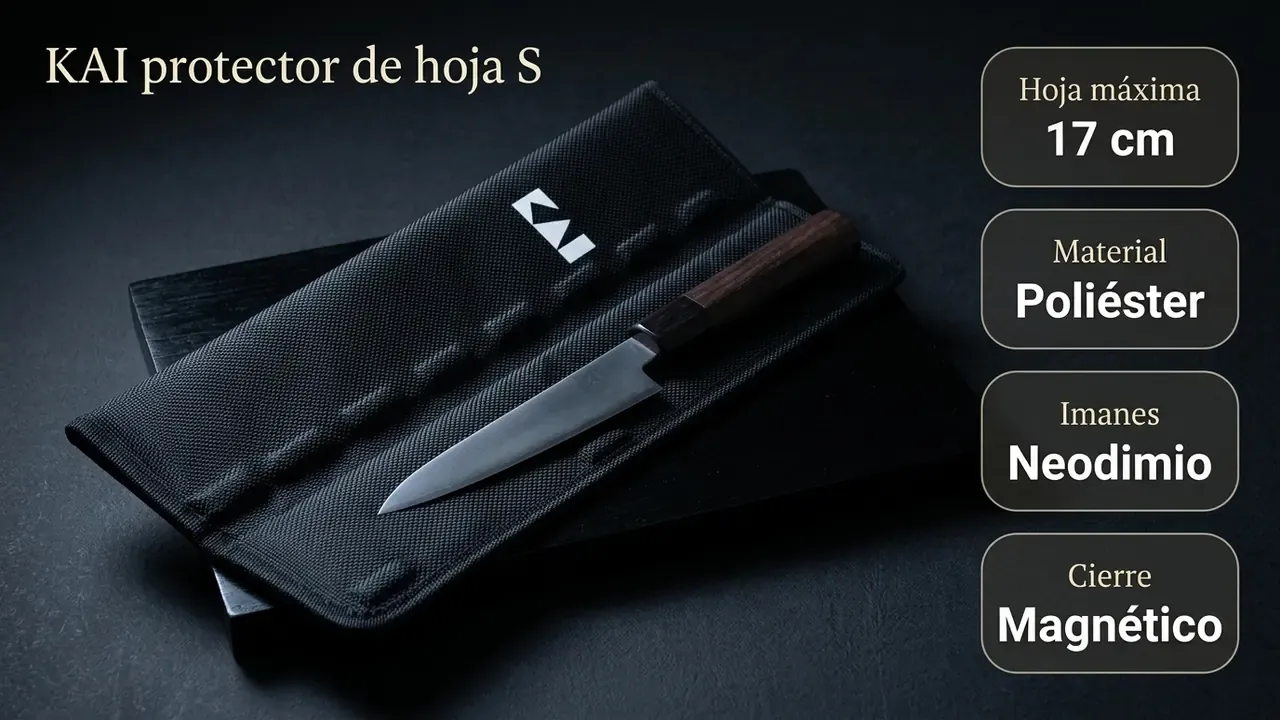 Ficha técnica del protector KAI CK-S: hoja máxima de 17 cm, poliéster, imanes de neodimio y cierre magnético, con un petty japonés sobre la funda abierta