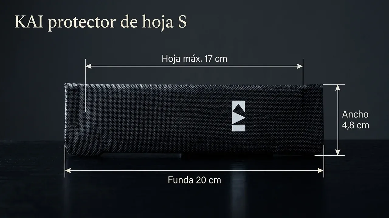 Medidas del protector de hoja KAI CK-S: funda de 20 cm por 4,8 de ancho para hojas de hasta 17 cm, acotadas sobre madera lacada negra