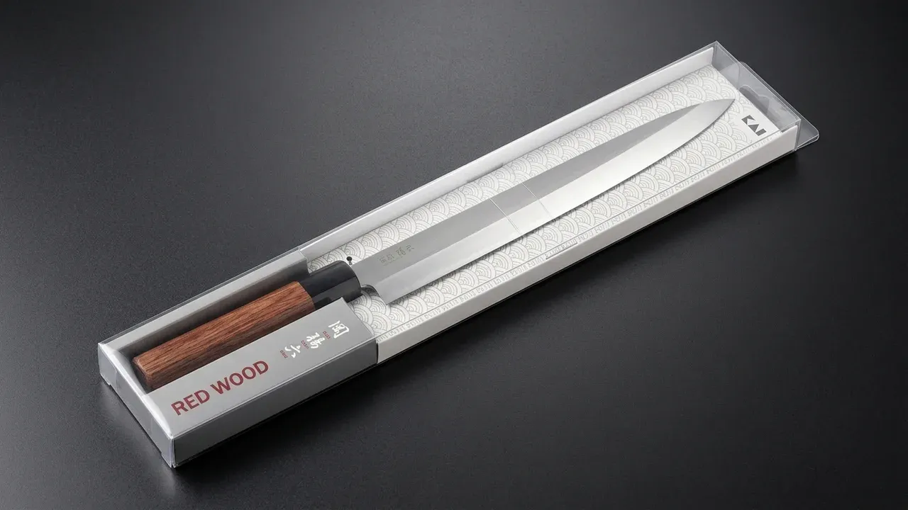 Cuchillo yanagiba KAI Seki Magoroku Redwood en su embalaje original RED WOOD con el logo KAI y patrón de olas japonés