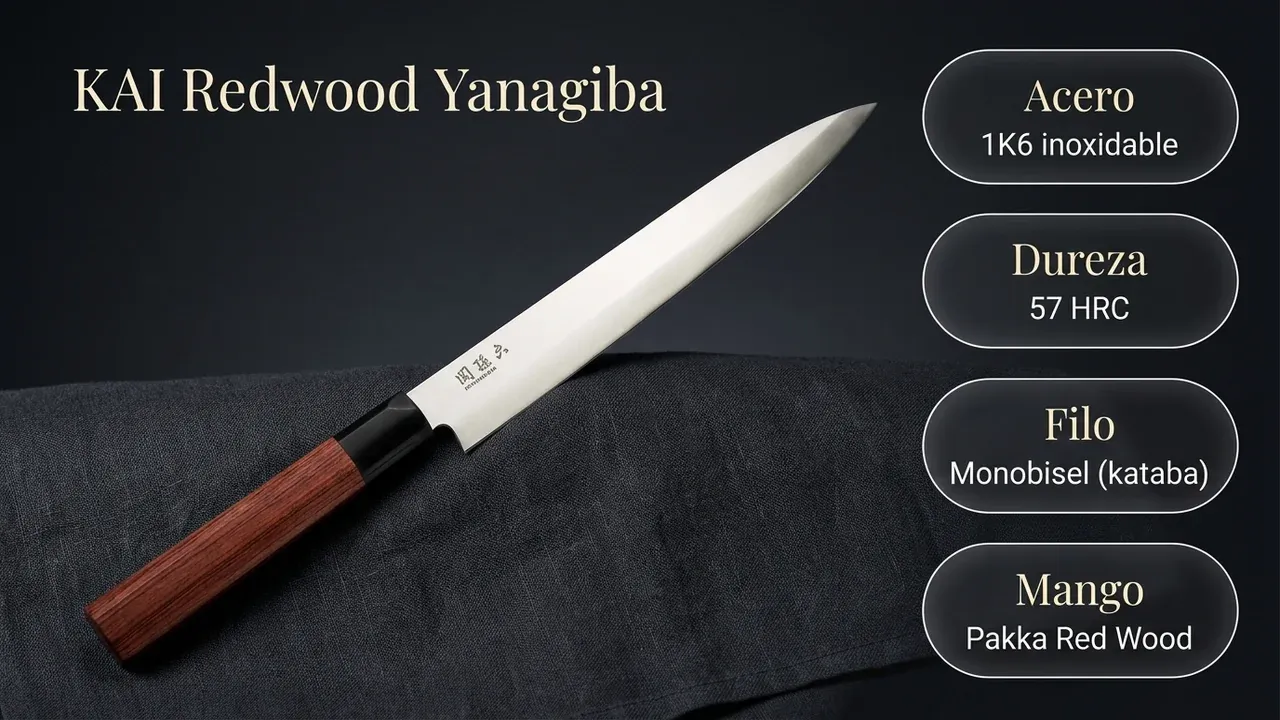 Ficha técnica del yanagiba KAI Redwood: acero inoxidable 1K6 a 57 HRC, filo monobisel kataba y mango de madera Pakka Red Wood