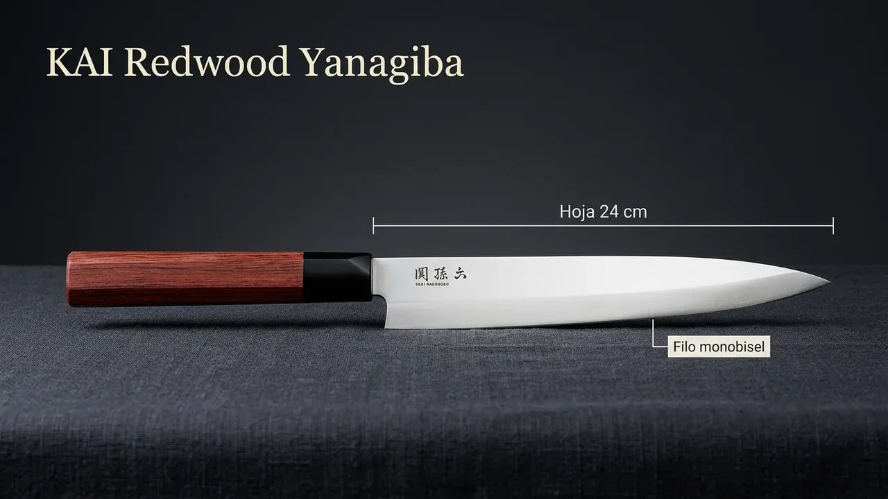 Medidas del yanagiba KAI Seki Magoroku Redwood: hoja de 24 cm de un solo bisel, con mango octogonal de Pakka Red Wood y kanji grabado