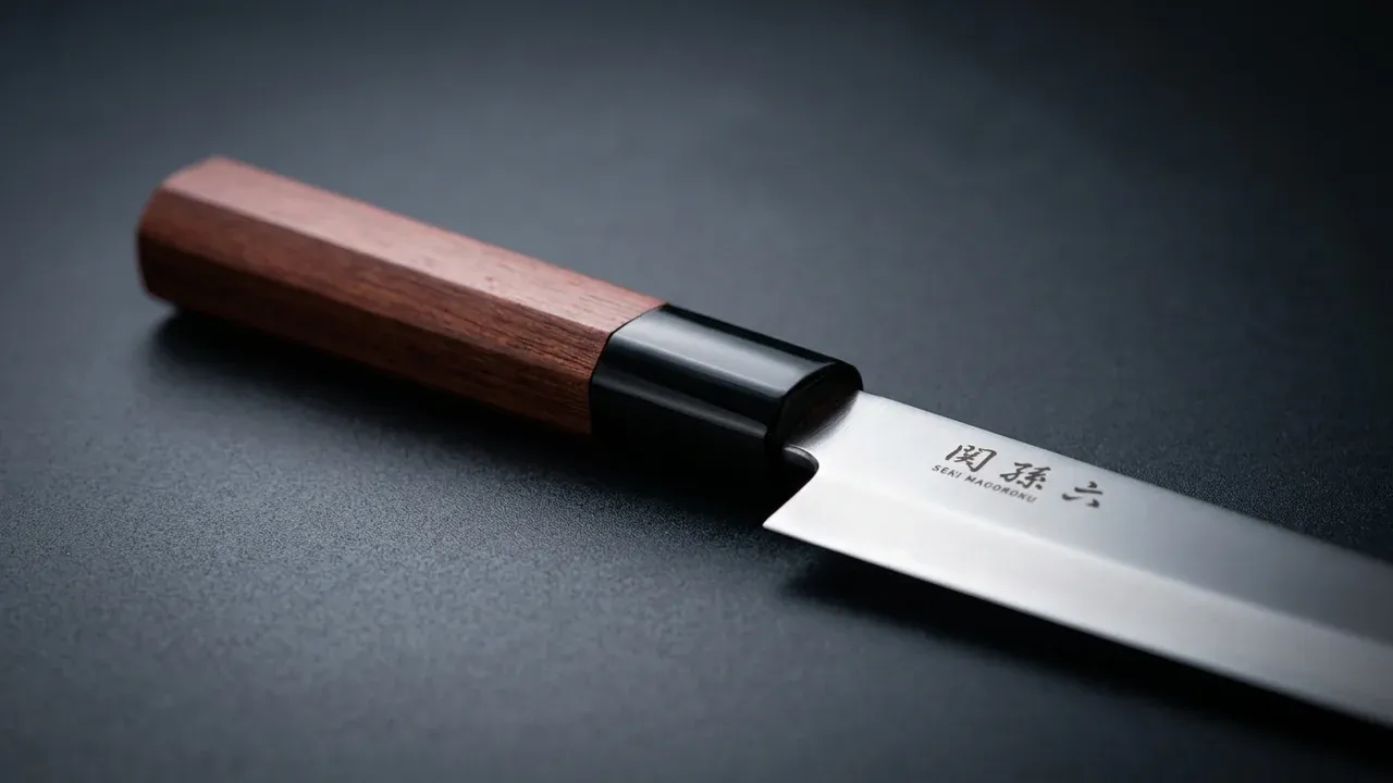 Detalle del mango octogonal de madera Pakka Red Wood del yanagiba KAI Seki Magoroku, con collar negro y kanji grabado en la hoja
