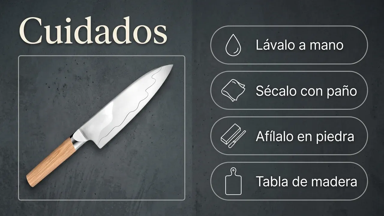 Cuidados del chef Composite: lavado a mano, secado con paño, afilado en piedra y uso sobre tabla de madera