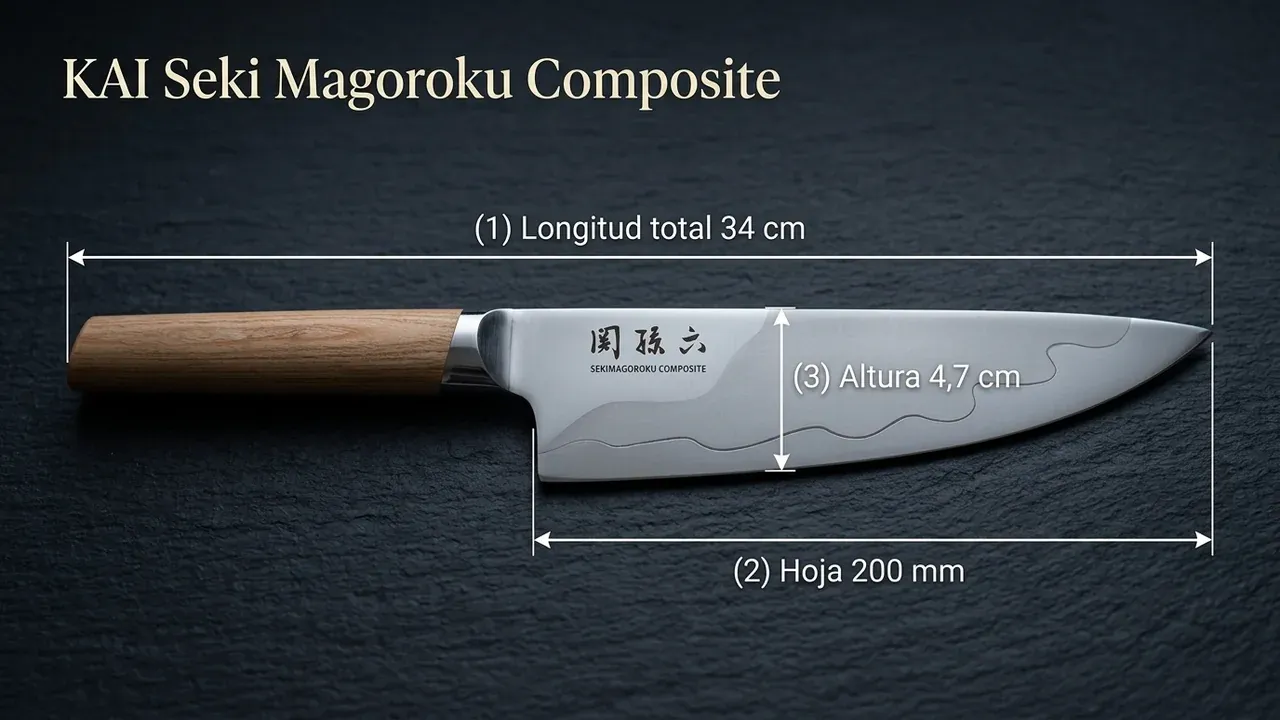 Medidas del chef KAI Seki Magoroku Composite: 34 cm de longitud total, hoja de 200 mm y 4,7 cm de altura