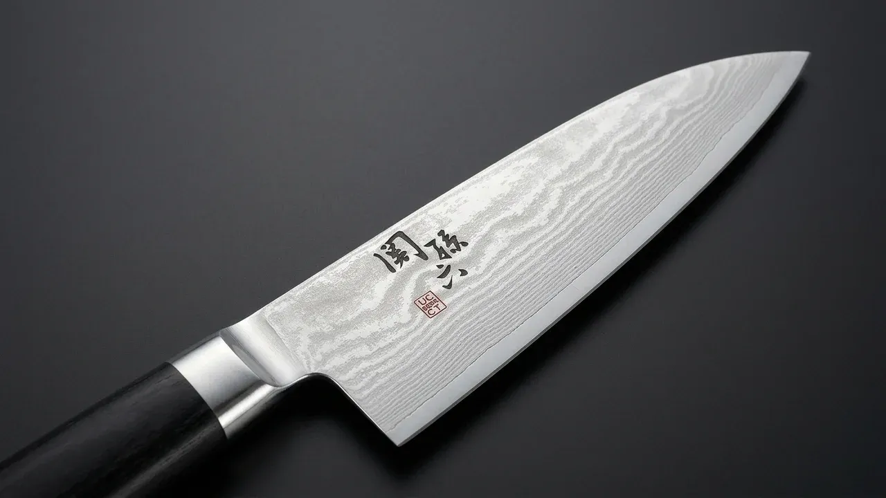 Detalle del acero damasco de 32 capas del cuchillo petty KAI Seki Magoroku, con el patrón ondulado y el kanji grabado en la hoja