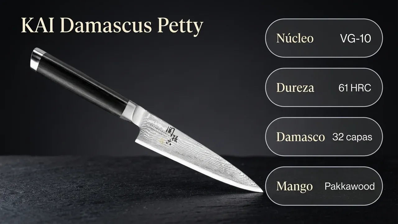 Ficha técnica del petty damasco KAI Seki Magoroku: núcleo de acero VG-10 a 61 HRC, hoja de damasco de 32 capas y mango de pakkawood