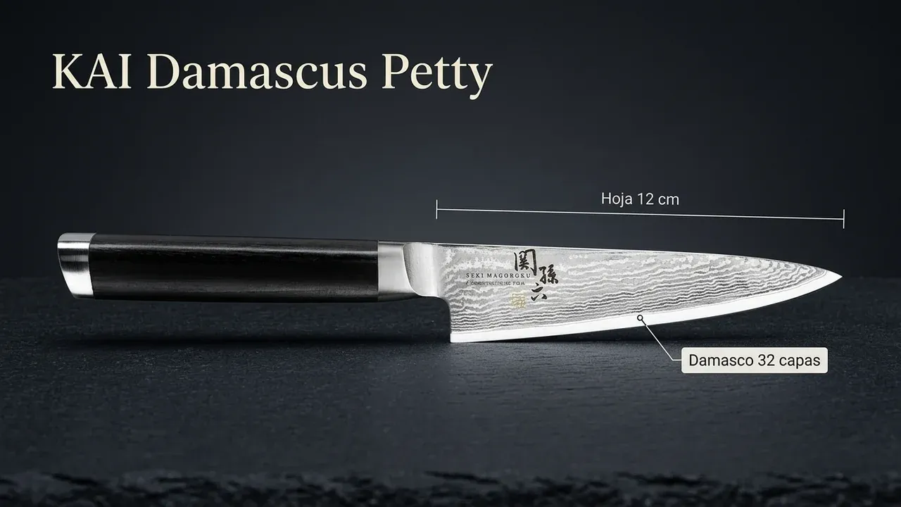 Medidas del petty damasco KAI Seki Magoroku: hoja de 12 cm con el patrón de damasco de 32 capas, mango de pakkawood y kanji grabado