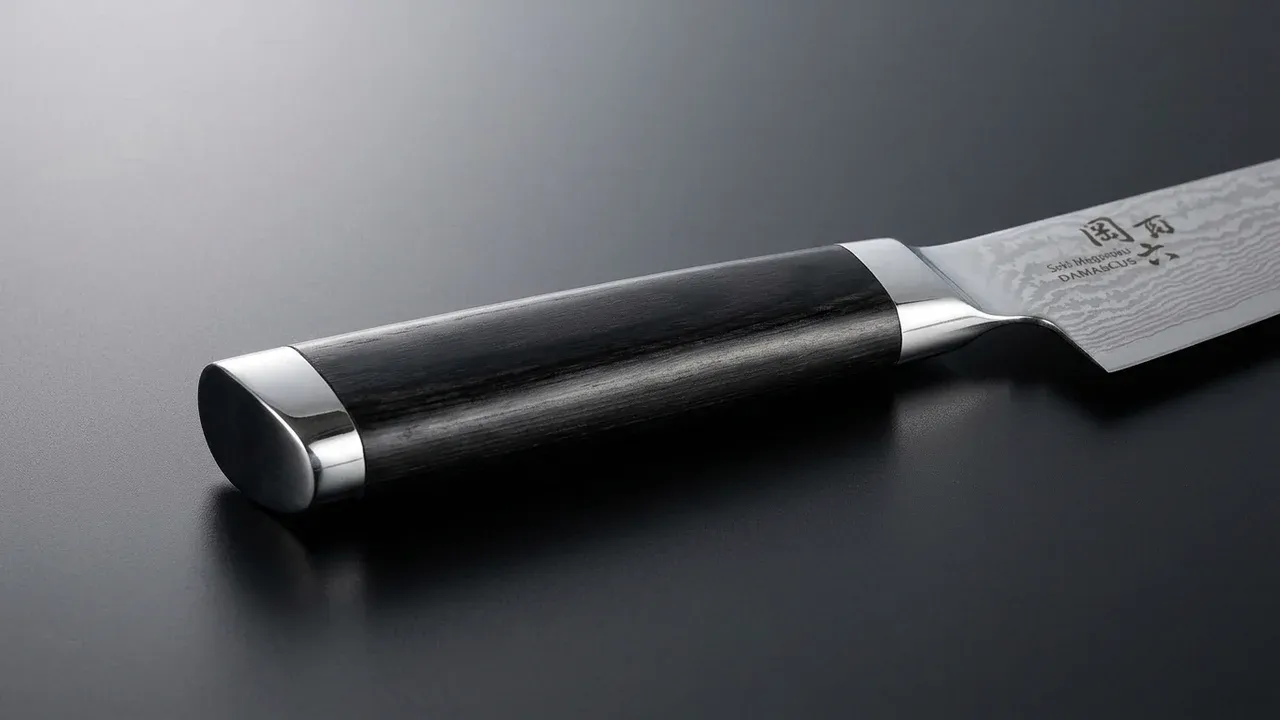 Detalle del mango de pakkawood negro y el collar de acero pulido del cuchillo petty damasco KAI Seki Magoroku de 120 mm