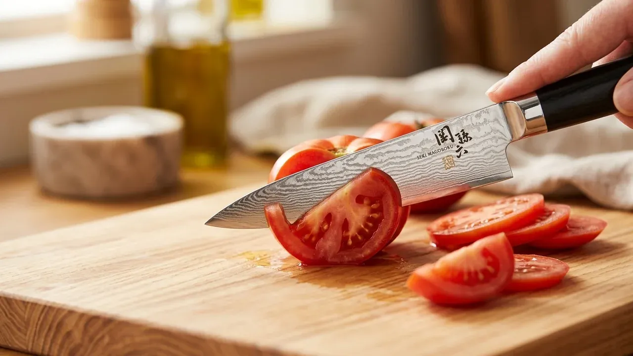 Cuchillo petty damasco KAI Seki Magoroku cortando un tomate maduro en rodajas finas sobre una tabla de madera en la cocina