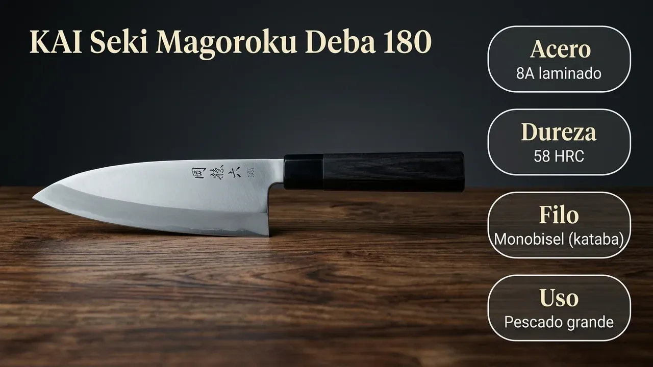 Ficha técnica del deba KAI Seki Magoroku 180 mm: acero 8A laminado a 58 HRC, filo monobisel kataba para pescado grande