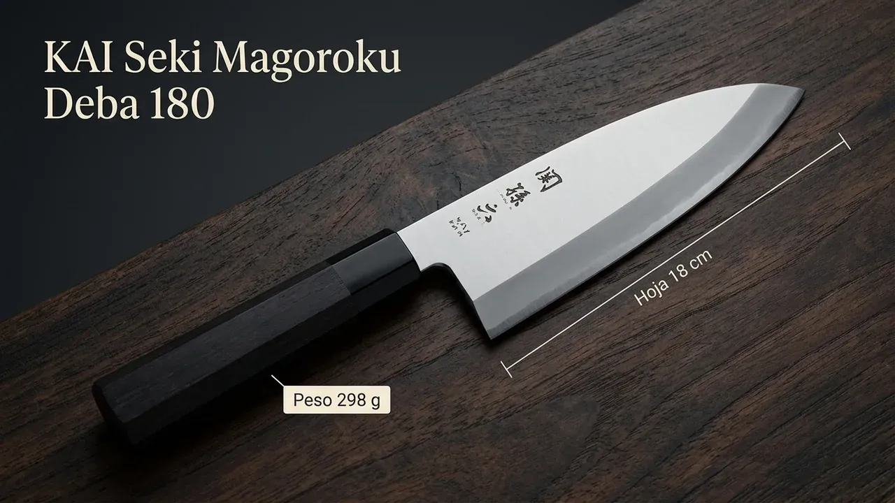 Medidas del deba KAI Seki Magoroku de 180 mm: hoja ancha de 18 cm y 298 g de peso, con mango octogonal de Pakka y kanji grabado