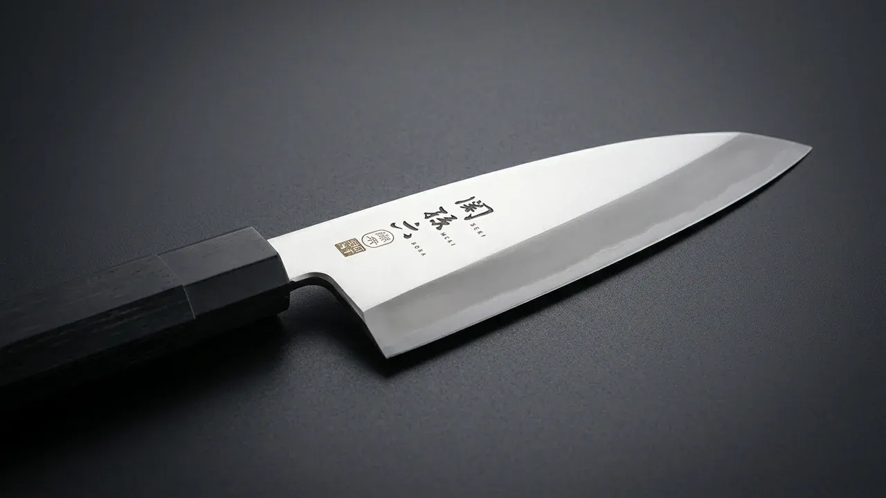 Detalle de la hoja ancha San Mai del deba KAI Seki Magoroku 180 mm, con la cara plana pulida y el kanji grabado