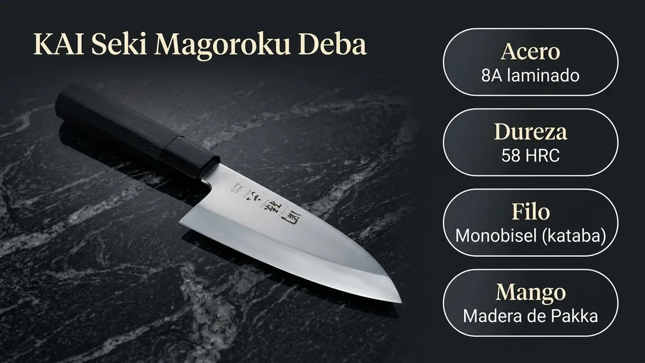 Ficha técnica del deba KAI Seki Magoroku: acero 8A laminado a 58 HRC, filo monobisel kataba y mango de madera de Pakka