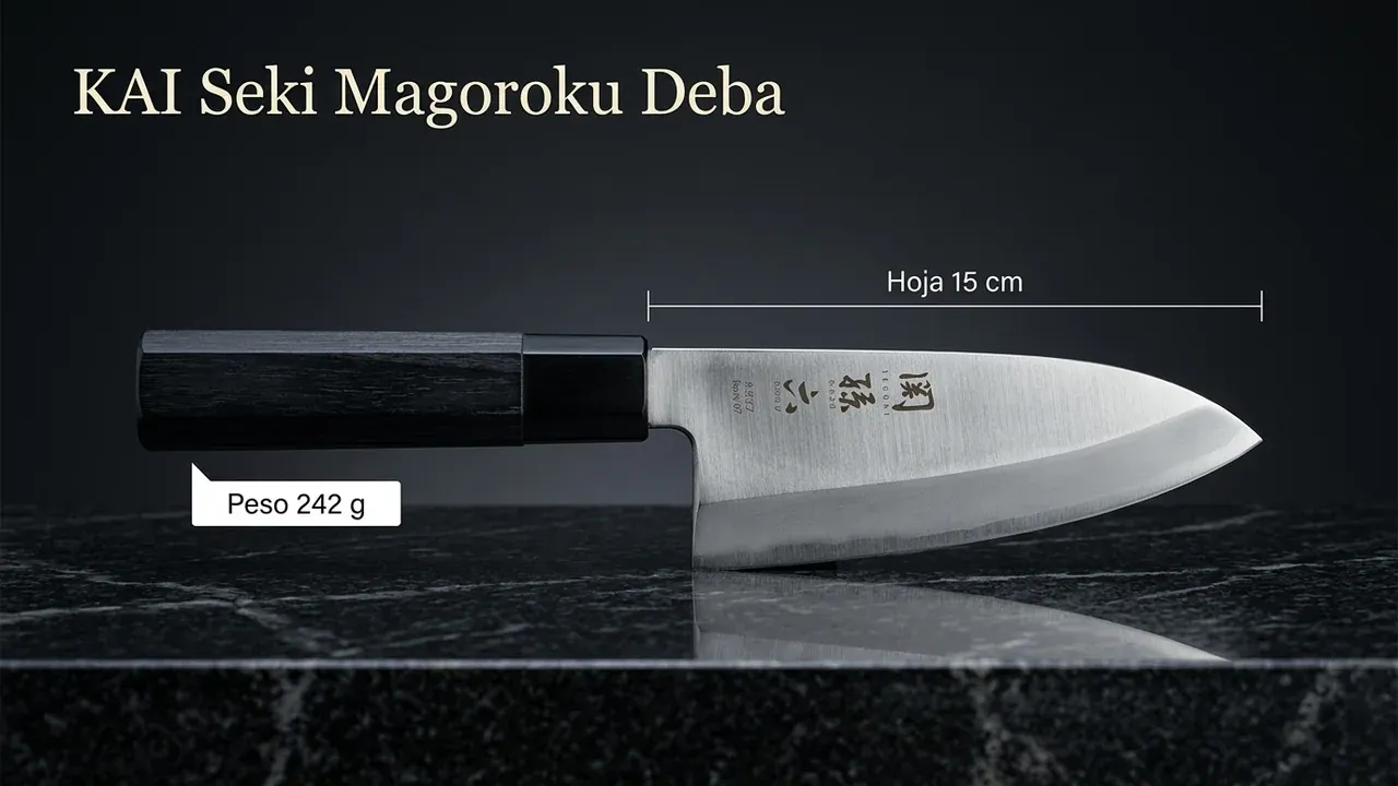 Medidas del deba KAI Seki Magoroku: hoja ancha de 15 cm y 242 g de peso, con mango octogonal de Pakka y kanji grabado