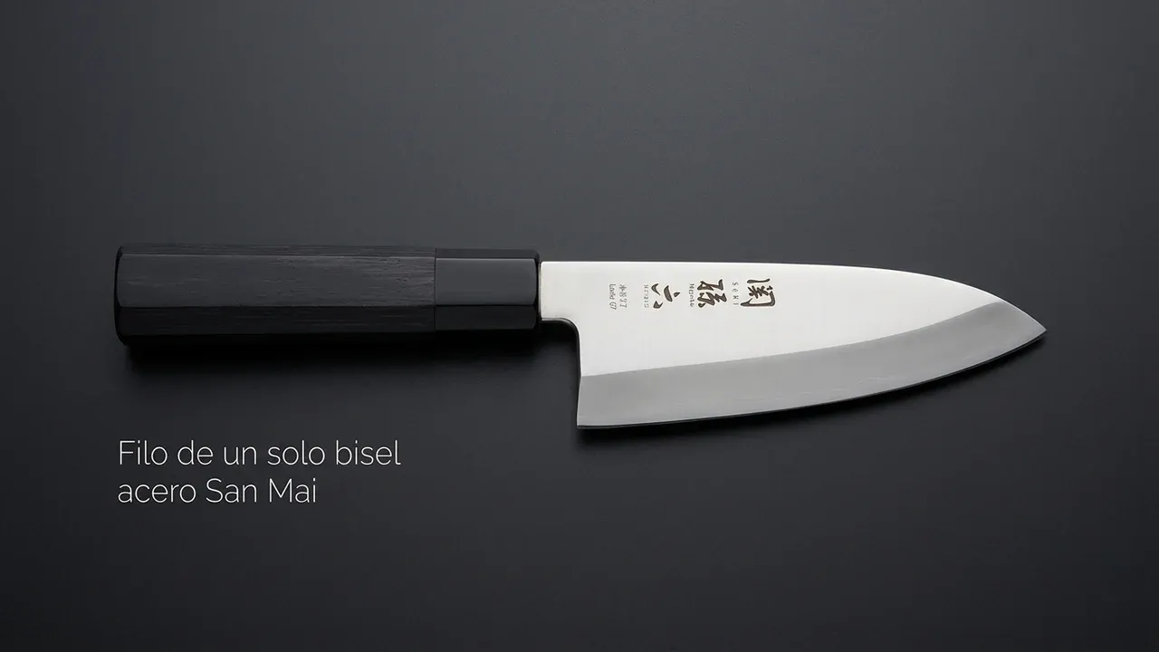 Detalle del filo de un solo bisel del deba KAI Seki Magoroku en acero San Mai, con la cara plana pulida y el lomo grueso