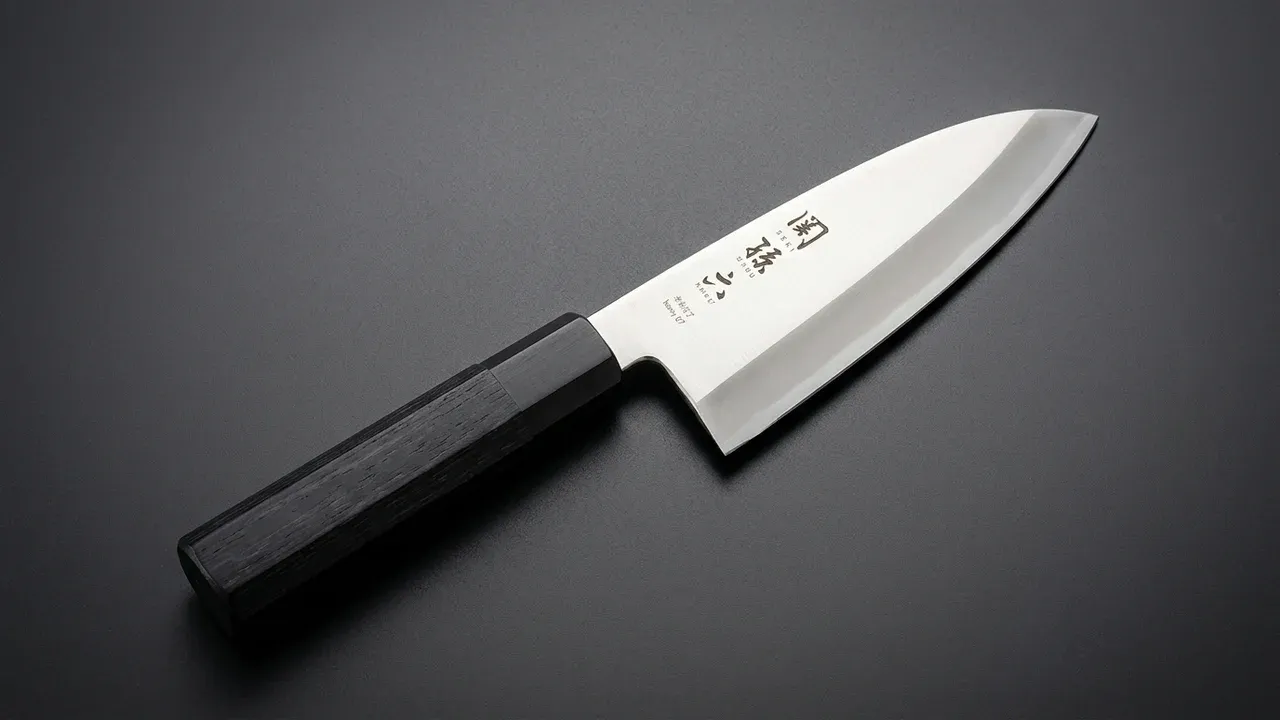 Cuchillo deba KAI Seki Magoroku de 150 mm de perfil completo, hoja ancha San Mai con kanji grabado y mango octogonal de Pakka negro