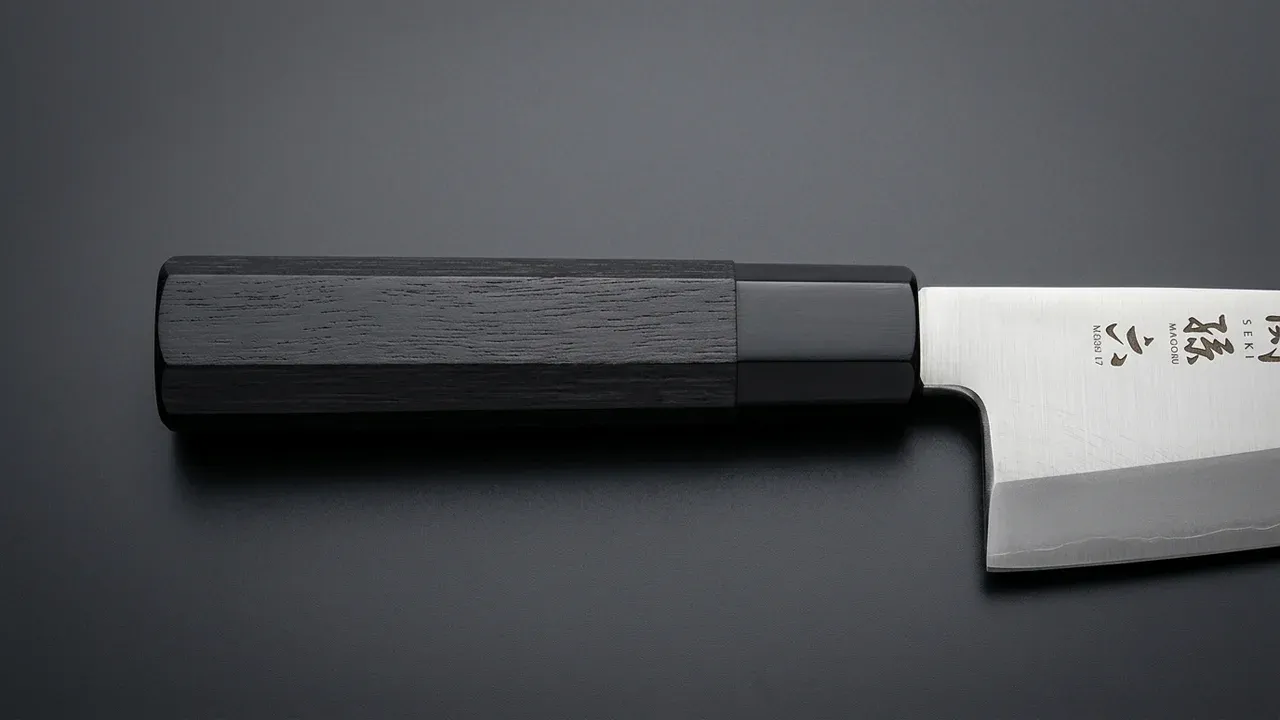 Detalle del mango octogonal de madera Pakka negra del cuchillo deba KAI Seki Magoroku, con sus facetas y el collar negro
