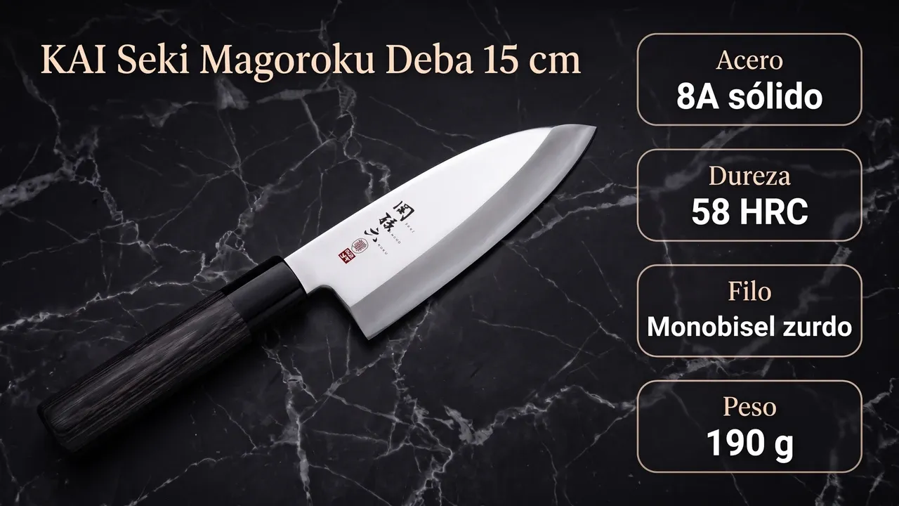 Ficha técnica del deba KAI Seki Magoroku zurdo: acero 8A sólido, 58 HRC de dureza, filo monobisel invertido y 190 gramos de peso